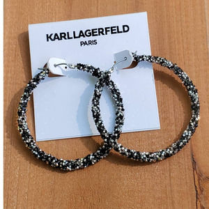 NEW! KARL LAGERFELD 2" Black & Silver-Tone Crystal Hoop Earrings